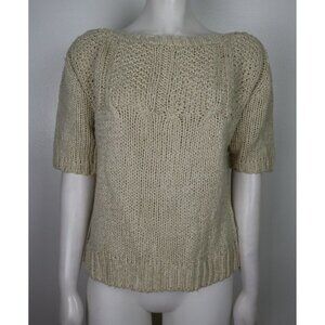 VINTAGE WOMEN'S BEIGE SHORT SLEEVE SWEATER - TALLY HO - SIZE L